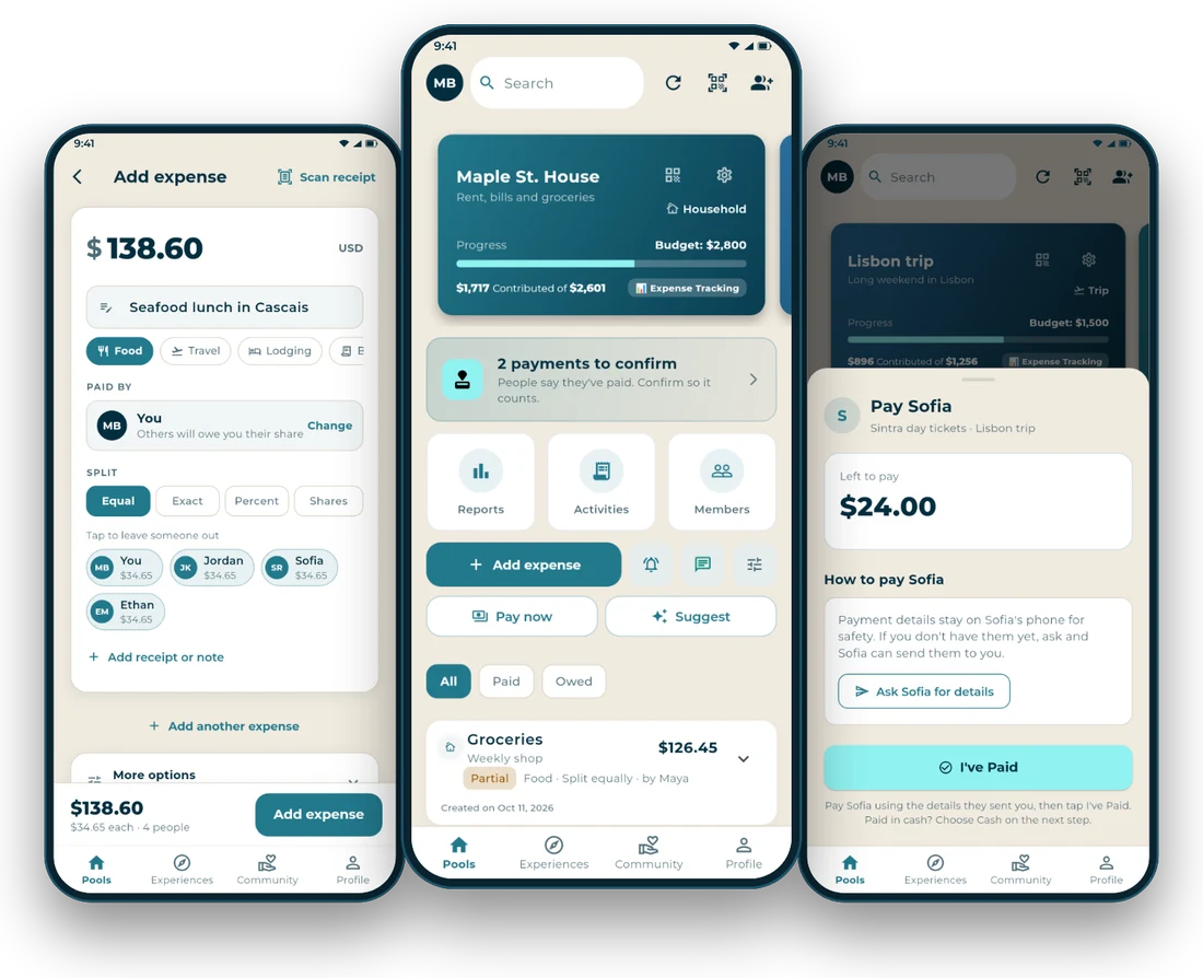 Three Poolera screens: adding a $138.60 bill split four ways, a household pool home screen with 2 payments to confirm, and a pay screen with an I've Paid button