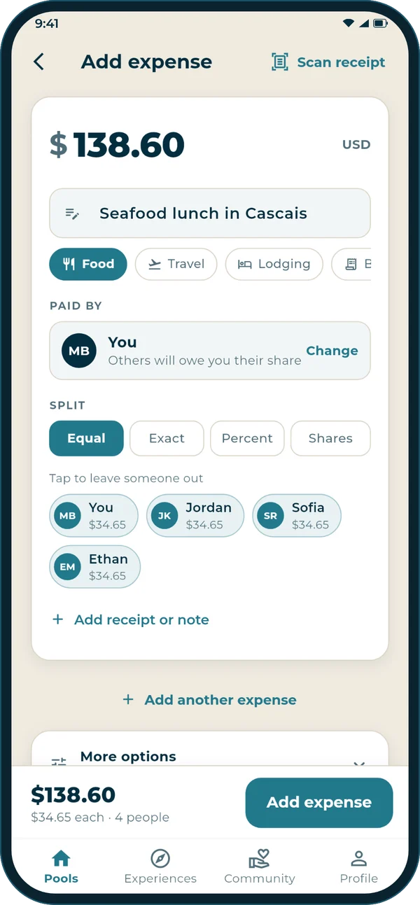 Adding a $138.60 bill in Poolera, split equally between 4 people at $34.65 each