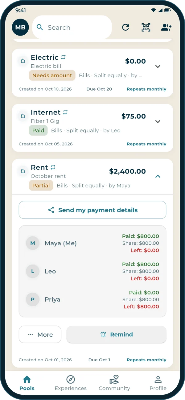 Repeating rent, internet and electric bills, with rent opened to show who has paid and who still owes