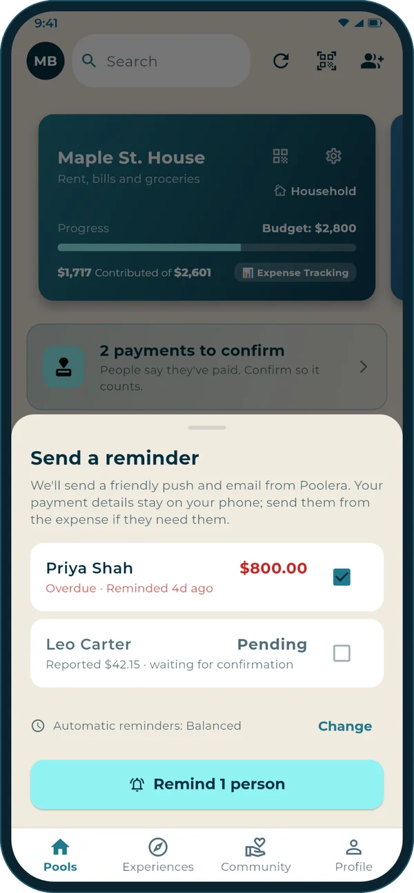 Send a reminder screen: Priya is $800 overdue and Leo's payment is waiting for confirmation