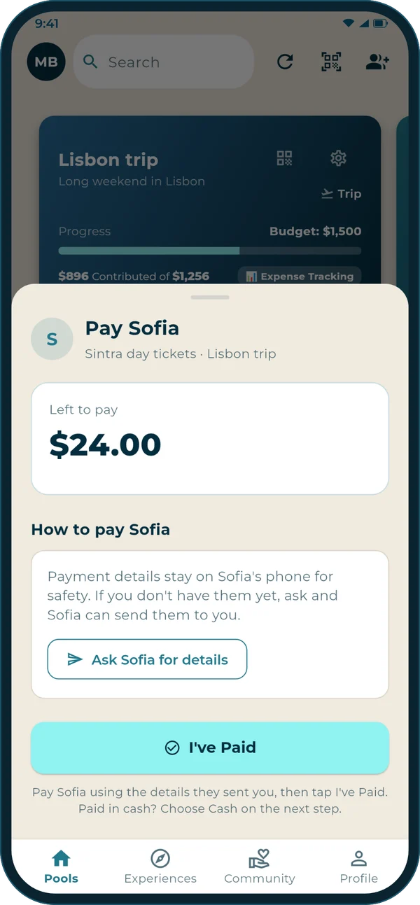 Pay screen in Poolera: $24.00 left to pay Sofia, with Ask Sofia for details and an I've Paid button